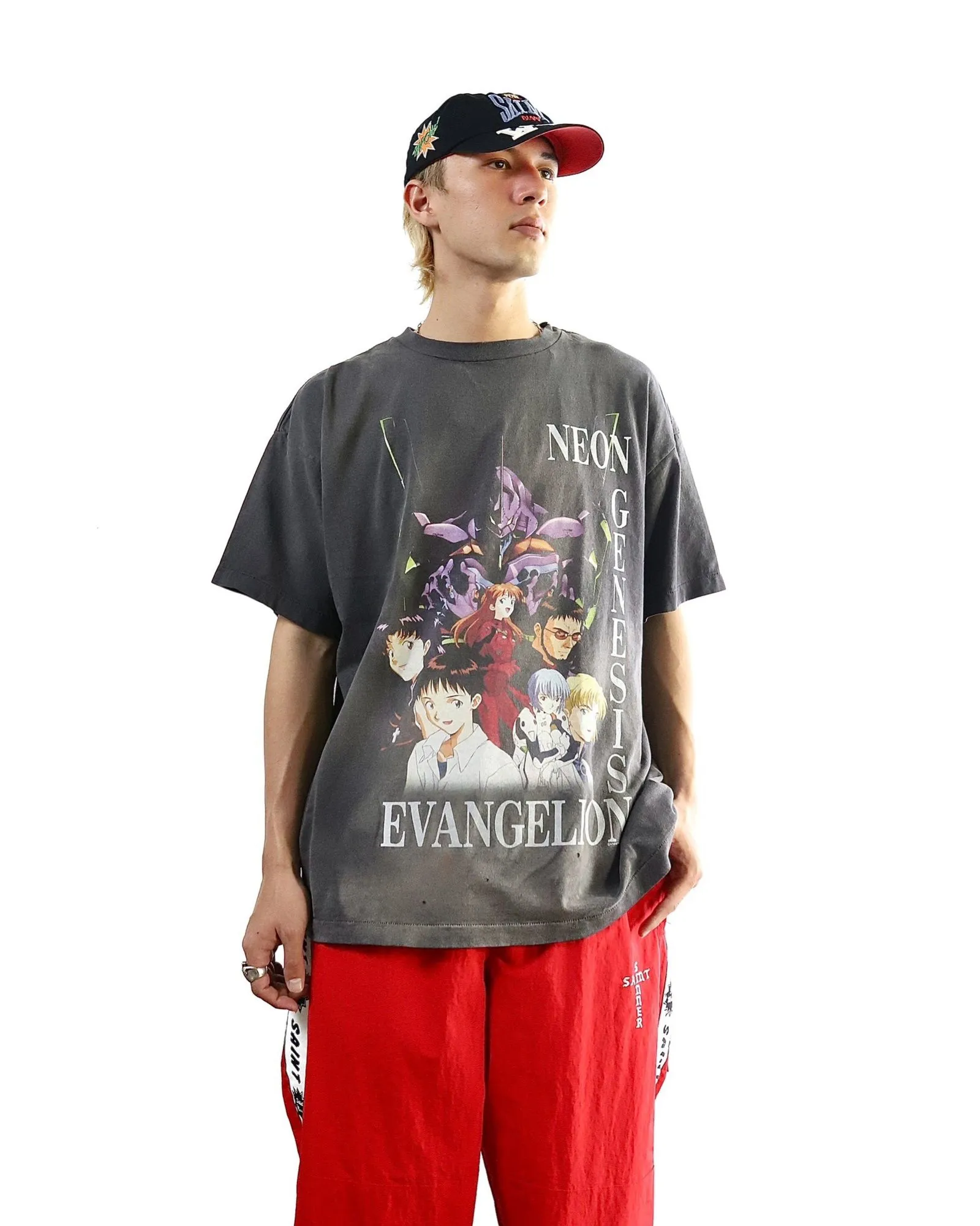 SAINT Mxxxxxx × EVANGELION NEON GNSIS TEE/BLK co-branded Neon Genesis Evangelion distressed short-sleeves, washed black S-XL, vintage NEW VINTAGE, top printing technology, garment dyeing, re-washed, distressed, correct co-branded main mark/washing mark